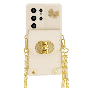 Capa Carteira Correntes Pendentes Coquette Samsung Galaxy A16, Branco com bolso frontal, fecho dourado texturizado, laço glitter e correntes metálicas