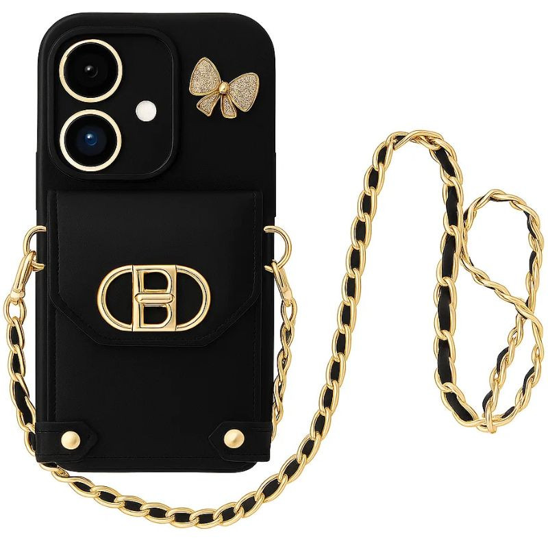 Funda cartera negra para iPhone 16 con cadena dorada, bolsillo frontal con broche B, protección de cámara y detalle de lazo dorado brillante estilo coquette - Ítem
