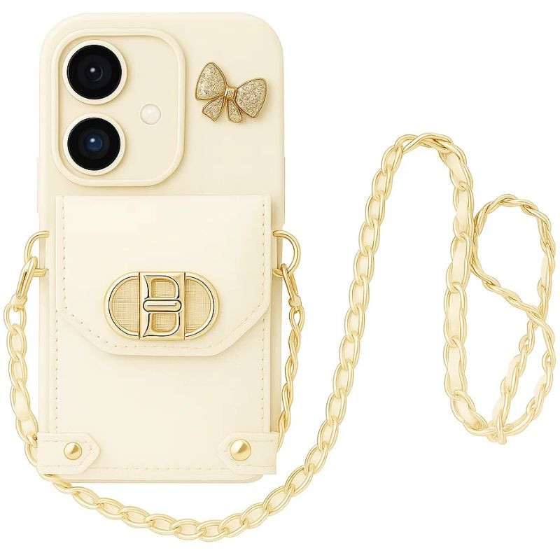 Funda Cartera Cadenas Colgantes Coquette iPhone 16 Blanco con cadena dorada, bolsillo frontal con broche B y lazo brillante junto a la cámara - Ítem