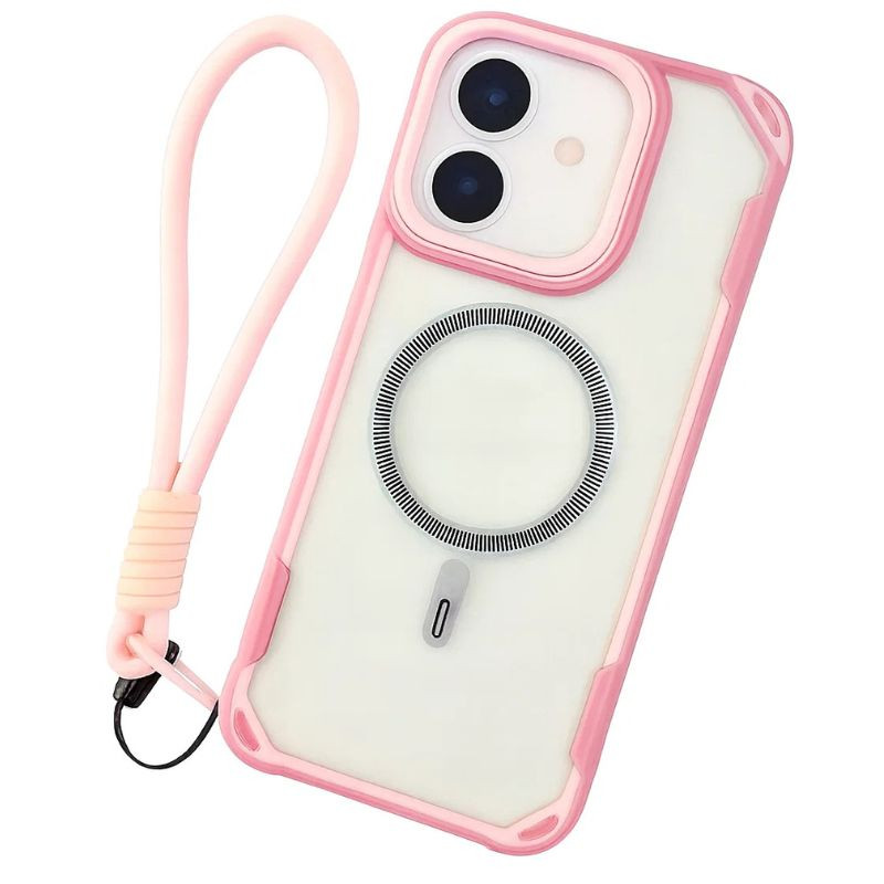 Capa rosa para iPhone 16 com MagSafe, anel magnético visível, proteção elevada da lente, cantos reforçados e alça de mão removível e ajustável - Item