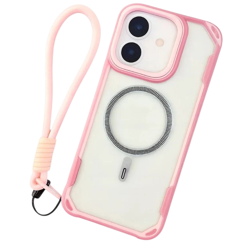 Capa rosa para iPhone 16 com MagSafe, anel magnético visível, proteção elevada da lente, cantos reforçados e alça de mão removível e ajustável - Item