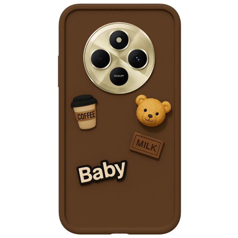 Funda de silicona marrón para Xiaomi Redmi 14C con relieve de oso, taza de coffee, placa milk y texto Baby; bordes suaves y recortes precisos para cámara - Ítem