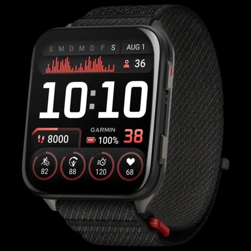 Garmin Venu X1 boîtier titane gris, cadran rectangulaire noir, accents rouges, écran AMOLED, bracelet nylon ComfortFit noir ajustable
