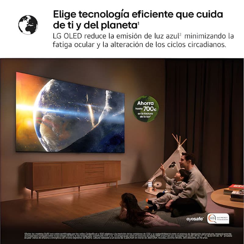 LG OLED48C54LA 48" 4K UHD OLED Noir avec écran ultrafin, bords minimalistes et couleurs vives; image spatiale lumineuse, monté sur meuble en bois.