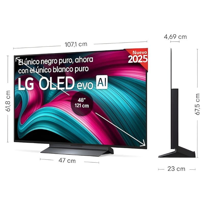 LG OLED48C54LA 48" 4K UHD: écran OLED evo AI ultra-fin, noirs profonds, bords fins, pied central discret, dimensions 107,1×61,8×4,69 cm.