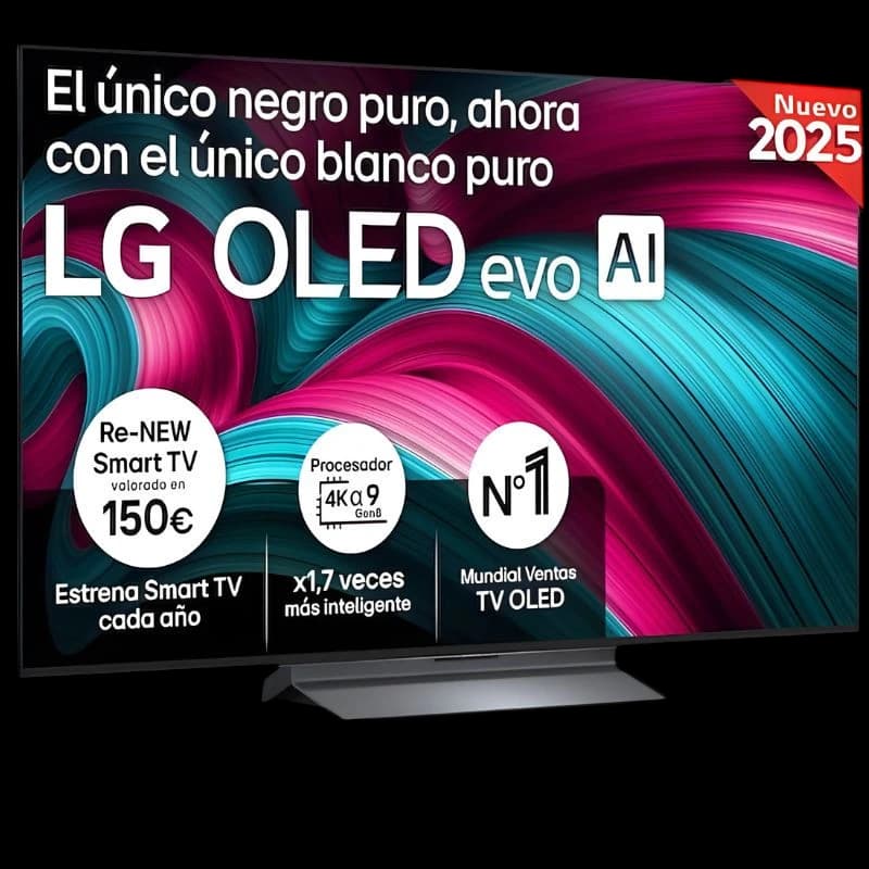 LG OLED48C54LA 48" 4K UHD OLED noir, écran fin sans bords, couleurs vives, noir profond, pied central élégant, design moderne pour salon premium.