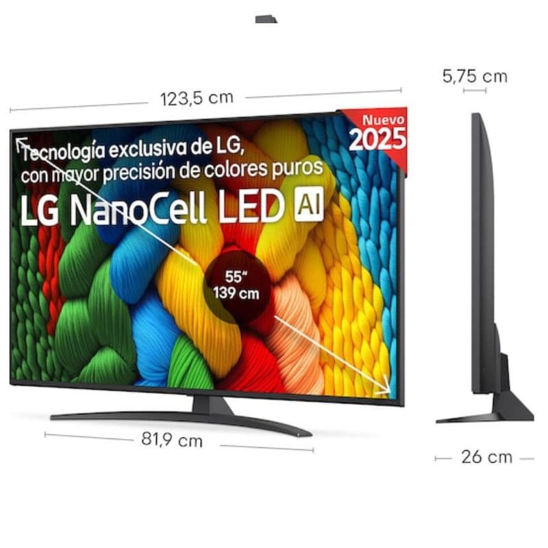 LG 55NANO81A6A 55" 4K Ultra HD NanoCell Smart TV Preto, vista frontal e lateral com as medidas em cm
