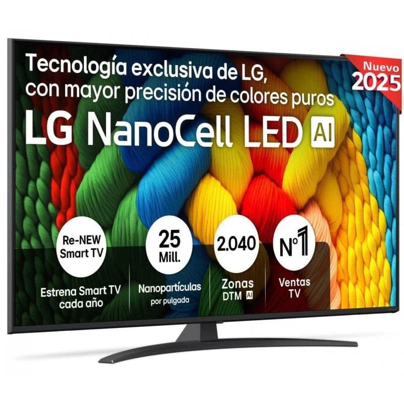 LG 55NANO81A6A: tela 55" 4K Ultra HD NanoCell, cores puras e vibrantes, bordas finas, base curva preta, interface Smart TV com destaque para IA.