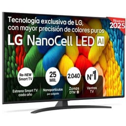LG 55NANO81A6A: tela 55" 4K Ultra HD NanoCell, cores puras e vibrantes, bordas finas, base curva preta, interface Smart TV com destaque para IA.