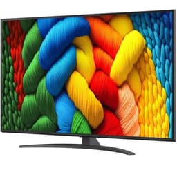 LG 55NANO81A6A 55" 4K: tela NanoCell com cores vivas e pretos profundos, bordas finas, base curva preta, imagem nítida e vibrante para salas modernas.