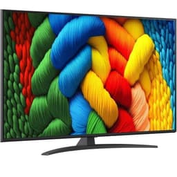 LG 55NANO81A6A 55" 4K NanoCell preto com tela fina, bordas estreitas e cores vivas; base curva elegante e painel amplo para imagens nítidas e brilhantes.