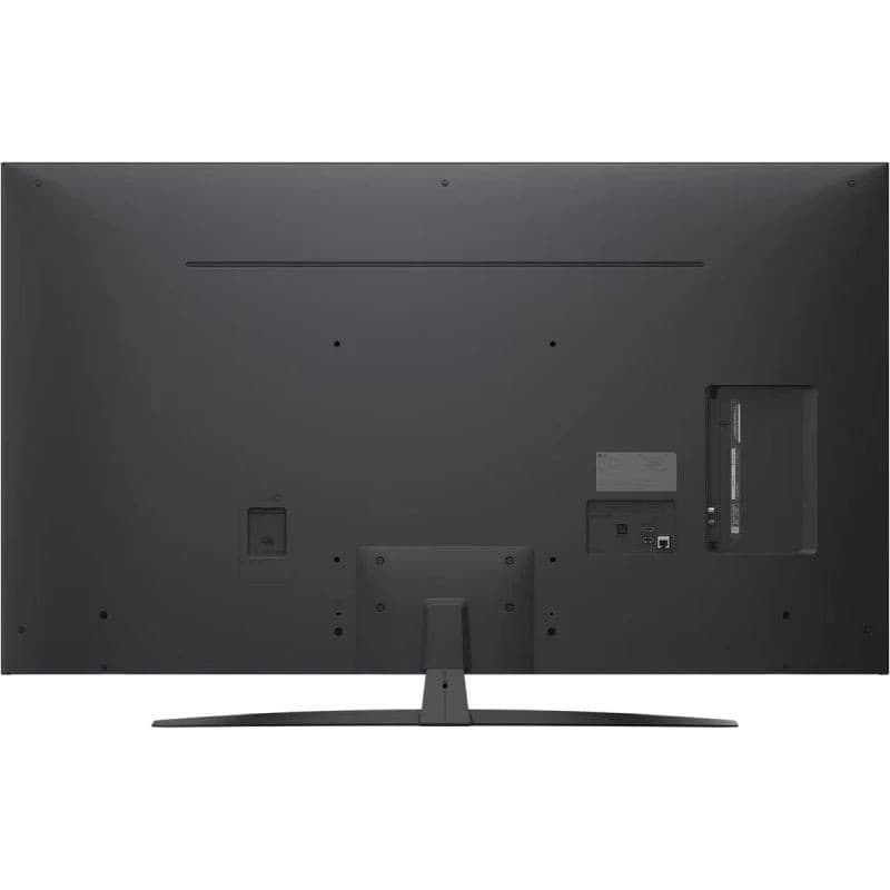 LG 55NANO81A6A: traseira em preto fosco, base central em V, portas HDMI/USB laterais e traseiras, design fino e bordas estreitas para montagem limpa.