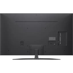 LG 55NANO81A6A: traseira em preto fosco, base central em V, portas HDMI/USB laterais e traseiras, design fino e bordas estreitas para montagem limpa.