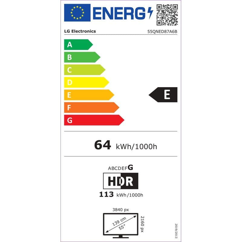 Etiqueta energética LG QNED evo AI 55QNED87A6B clase E, consumo 64 kWh/1000h, HDR 113 kWh/1000h, resolución 3840x2160, diagonal 139 cm, wifi, color negro