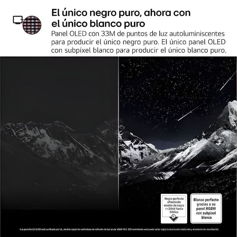 Écran OLED 65" noir avec noir absolu et blanc pur, contraste saisissant, ciel étoilé détaillé; sous-pixels RGBW pour précision lumineuse en 4K UHD.