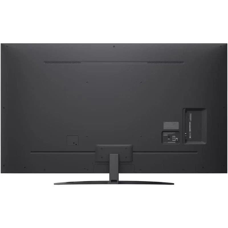 Traseira da LG AI 65NANO81A6A 65 4K: acabamento preto fosco, suporte central em arco, grades de ventilação e portas laterais HDMI e USB acessíveis