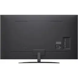 Traseira da LG AI 65NANO81A6A 65 4K: acabamento preto fosco, suporte central em arco, grades de ventilação e portas laterais HDMI e USB acessíveis