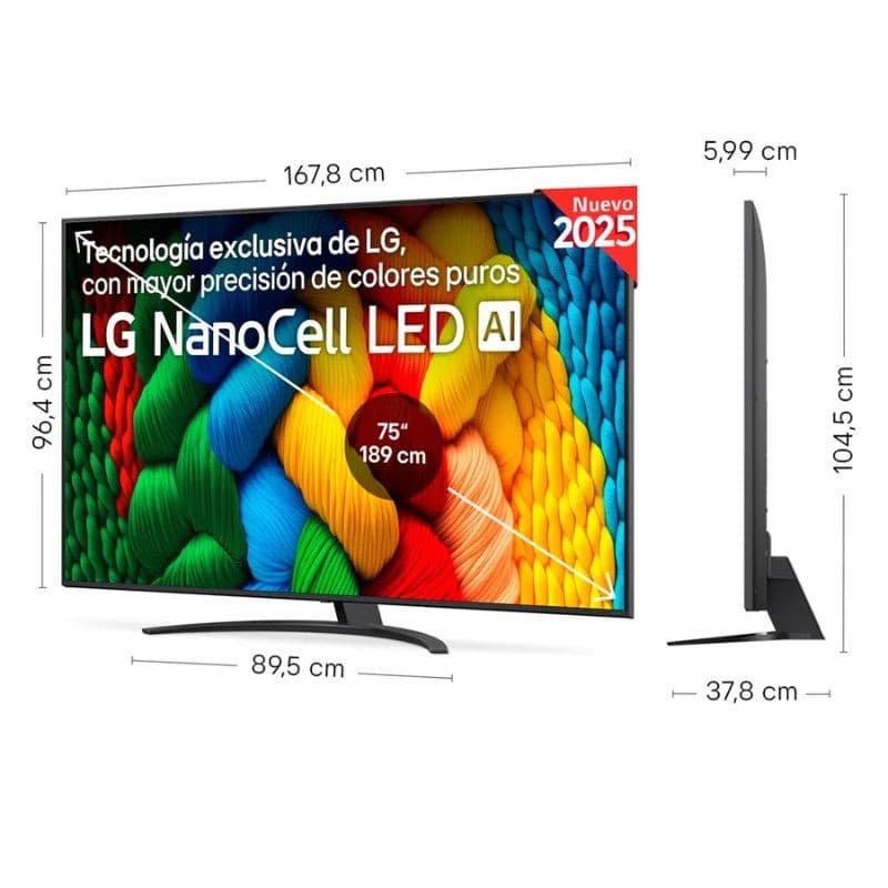 LG 75NANO81A6A 75" 4K Ultra HD NanoCell Smart TV Preto, medidas em cm do ecrã, vista frontal e lateral