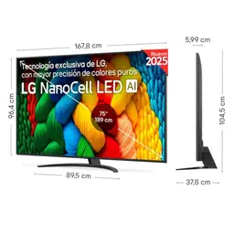 LG 75NANO81A6A 75" 4K Ultra HD NanoCell Smart TV Preto, medidas em cm do ecrã, vista frontal e lateral