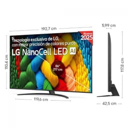 LG 86NANO81A6A 86" NanoCell 4K Ultra HD Smart TV Preto, medidas do ecrã em cm, vista frontal e de perfil