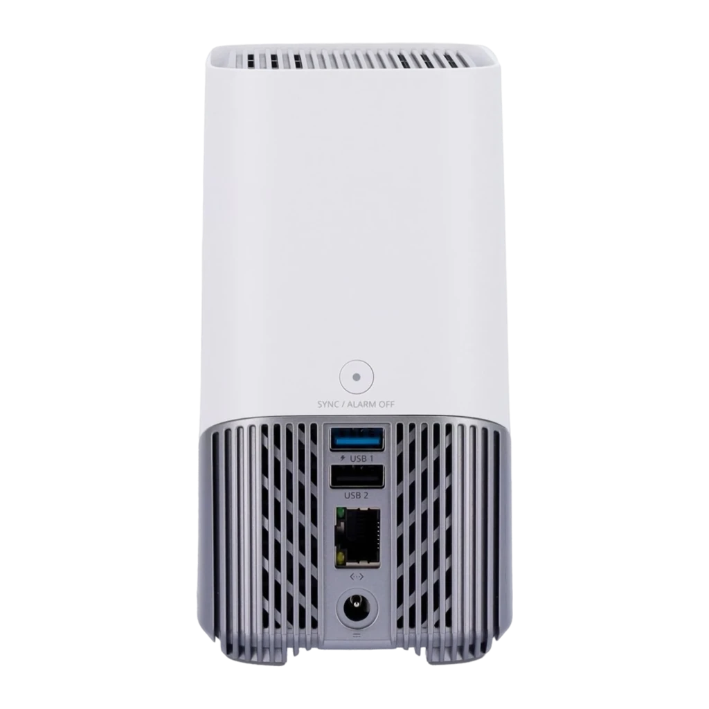 Hub de segurança Eufy HomeBase 3 S380 WiFi 2,4 GHz em branco e cinza, design vertical com grelhas superiores e base ventilada, LED frontal azul e logo eufy - Item1
