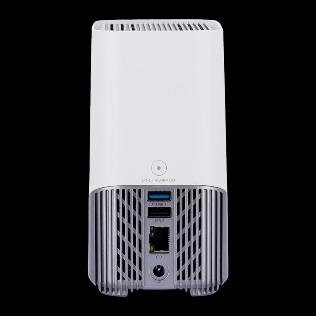 Hub de sécurité Eufy HomeBase 3 S380 WiFi 2,4 GHz, boîtier blanc compact avec fentes de ventilation, 2 ports USB, port Ethernet et bouton Sync Alarm Off