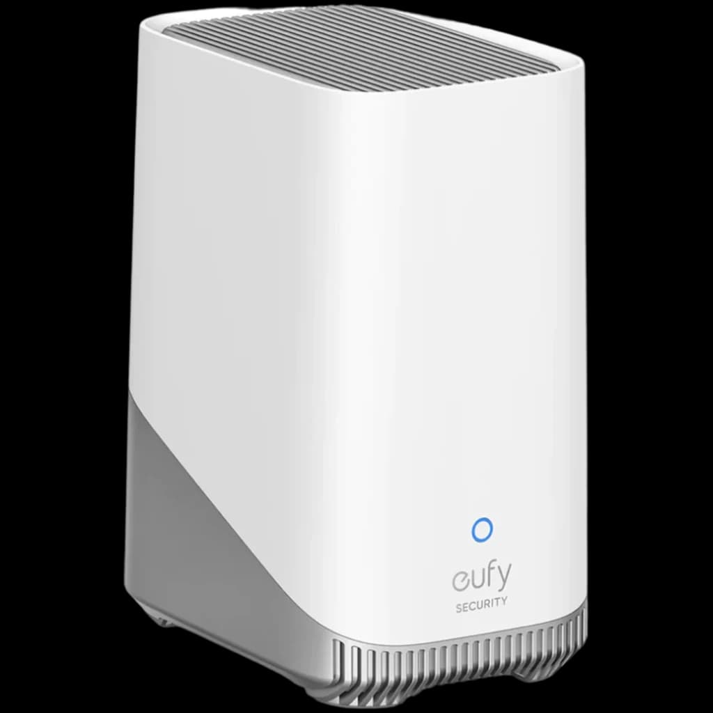 Hub de sécurité Eufy HomeBase 3 S380 WiFi 2,4 GHz, boîtier blanc et gris compact, voyant LED bleu frontal, grilles de ventilation supérieures et base