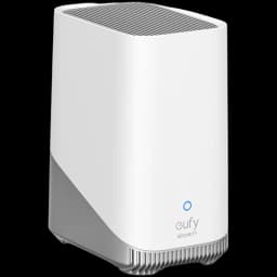 Hub de sécurité Eufy HomeBase 3 S380 WiFi 2,4 GHz, boîtier blanc et gris compact, voyant LED bleu frontal, grilles de ventilation supérieures et base