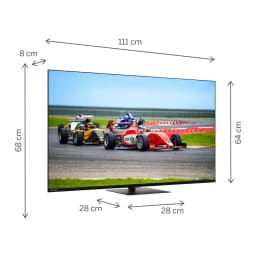 Thomson 50QG7C14 50 polegadas 4K QLED Pro preto, tela fina com bordas mínimas, base central discreta, largura 111 cm altura 68 cm profundidade 28 cm