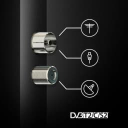 Portas de antena, cabo e satélite do Thomson 50QG7C14 50 4K QLED Pro, com padrões DVB T2 C S2 para recepção versátil e conexão estável em TV preta