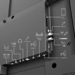 Painel de conexões da Thomson 50QG7C14: 2 HDMI 2.0, HDMI 2.1 eARC, 2 USB 2.0, USB 3.0, LAN, AV IN, áudio óptico, CI+, DVB-T2, entradas antena e satélite