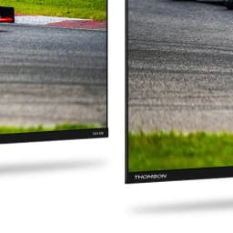 Thomson 50QG7C14 50 polegadas 4K Ultra HD QLED Pro em preto, moldura fina, cantos retos e taxa de atualização 144 Hz para imagem fluida e nítida