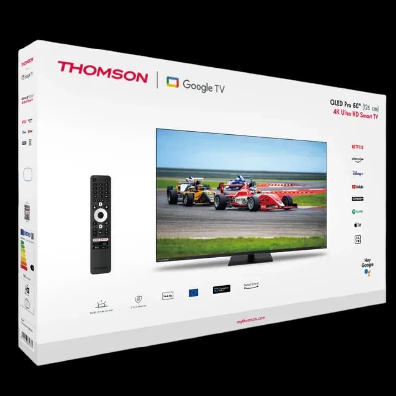 Thomson 50QG7C14 50 4K Ultra HD QLED Pro preto com Google TV, Wi-Fi e controle remoto; tela fina com base central e apps como Netflix e YouTube