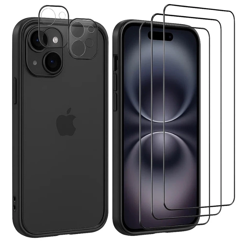 Pack de Acessórios iPhone 16 com 3 Protetores de ecrã + 3 Protetores de câmara + Capa Bumper - Item