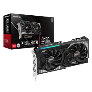 Asrock AMD Radeon Challenger RX 9060 XT 16 GB OC GDDR6 com duas ventoinhas, design preto com detalhes em verde e placa traseira branca perfurada