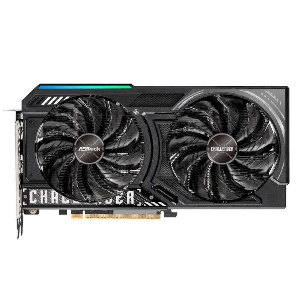 Asrock AMD Radeon Challenger RX 9060 XT 16 GB OC GDDR6 com duas ventoinhas, design preto com detalhes em verde e placa traseira branca perfurada - Item1