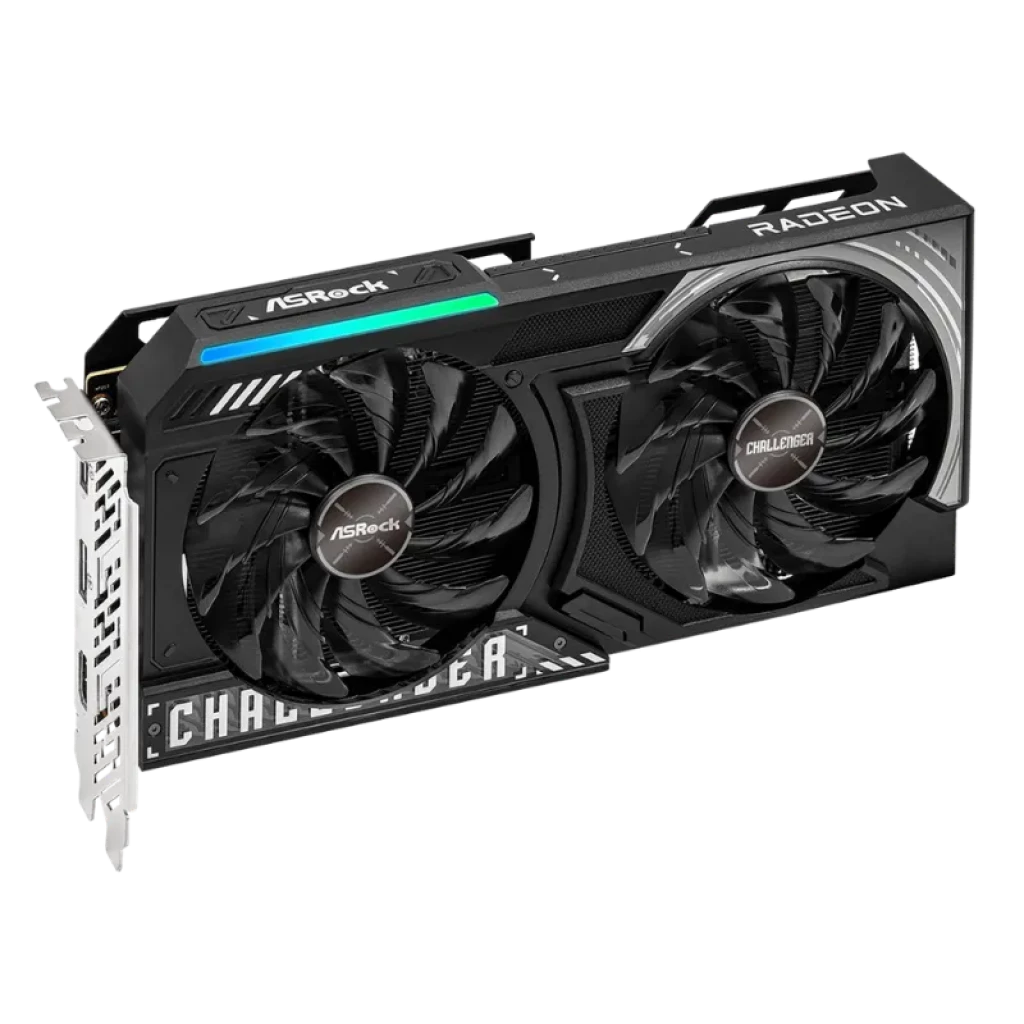 Asrock AMD Radeon Challenger RX 9060 XT 16 GB OC GDDR6 com duas ventoinhas, design preto com detalhes em verde e placa traseira branca perfurada - Item2