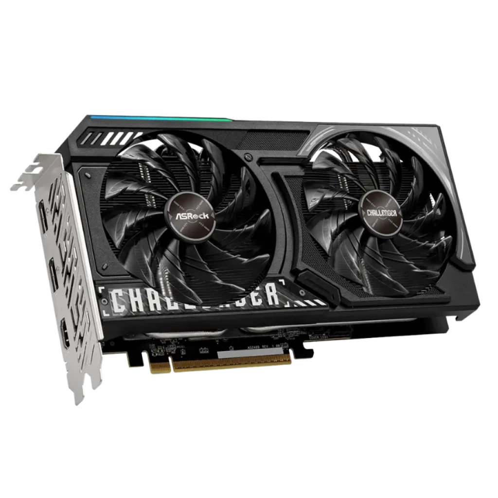 Asrock AMD Radeon Challenger RX 9060 XT 16 GB OC GDDR6 com duas ventoinhas, design preto com detalhes em verde e placa traseira branca perfurada - Item3