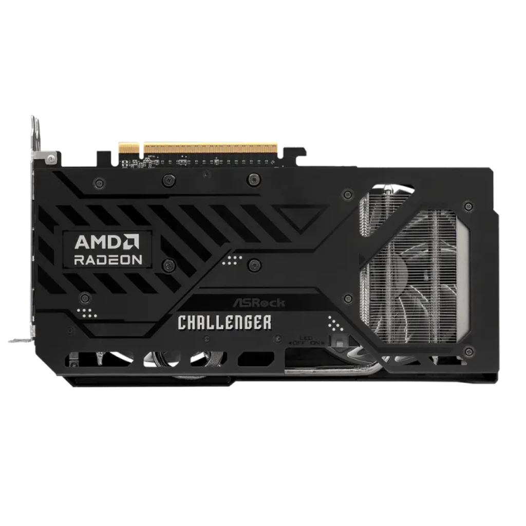 Asrock AMD Radeon Challenger RX 9060 XT 16 GB OC GDDR6 com duas ventoinhas, design preto com detalhes em verde e placa traseira branca perfurada - Item4
