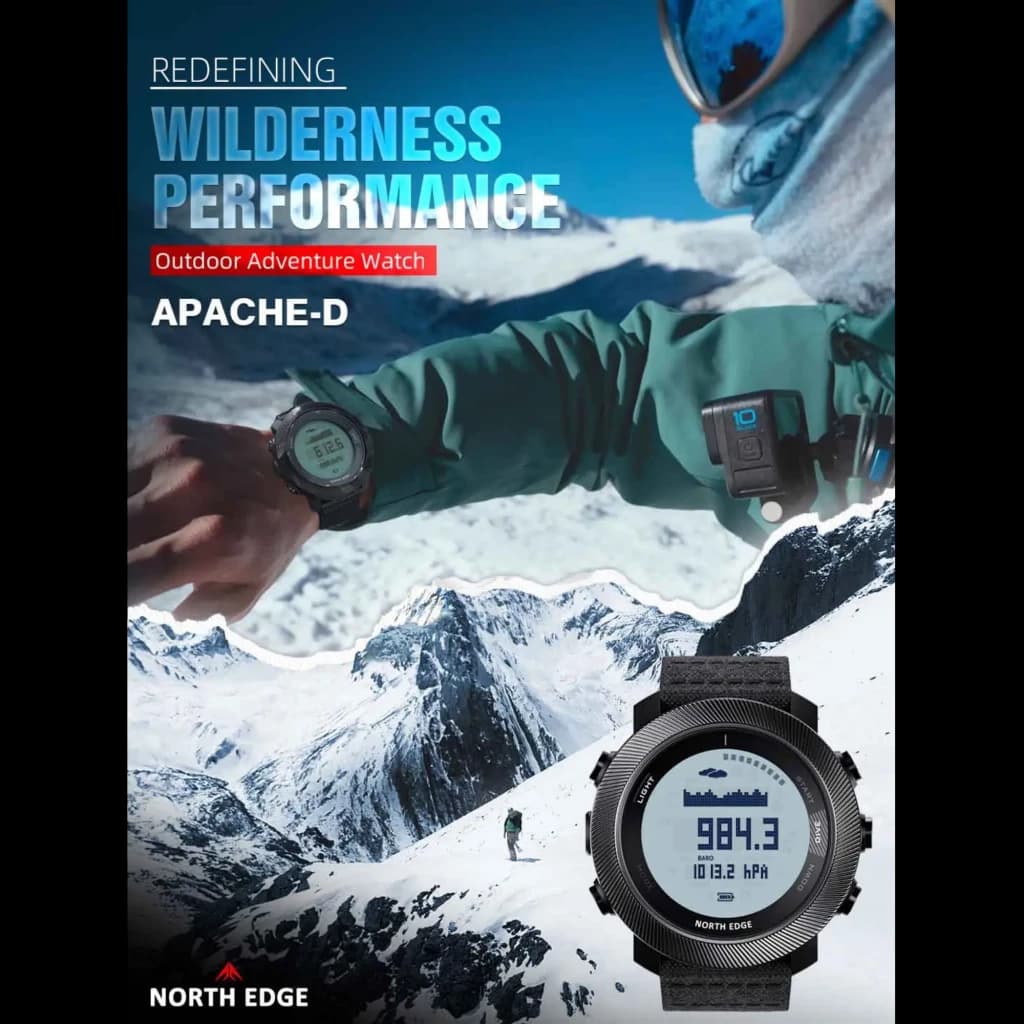 North Edge Apache D avec sangle en nylon noir, boîtier robuste, écran digital lisible, altimètre barométrique, style outdoor pour aventures en montagne