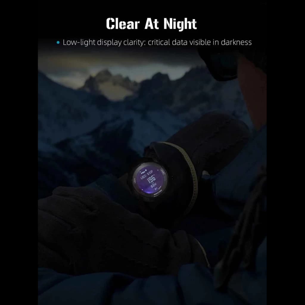 North Edge Apache D avec sangle en nylon noir, écran lisible en basse lumière, boîtier robuste, cadran rond, affichage violet lumineux pour activités