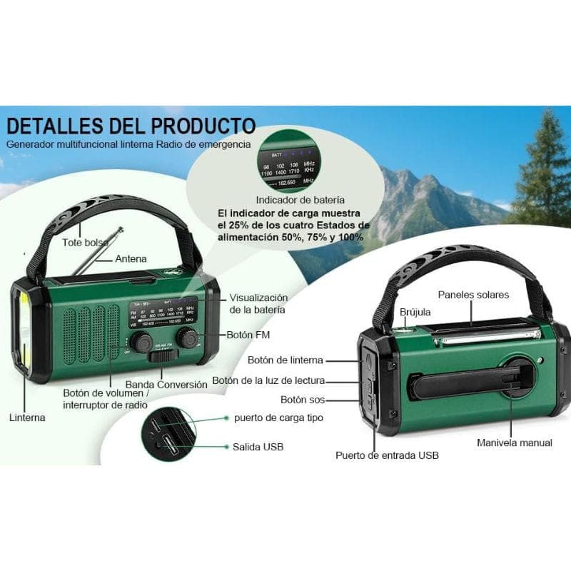 Radio de Emergencia Portátil 20000 mAh, detalles