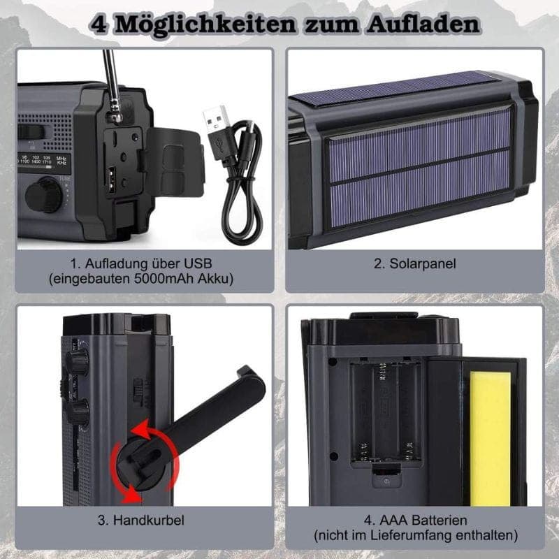 Radio de Emergencia Portátil 5000 mAh Gris y Negro, 4 modos de alimentación