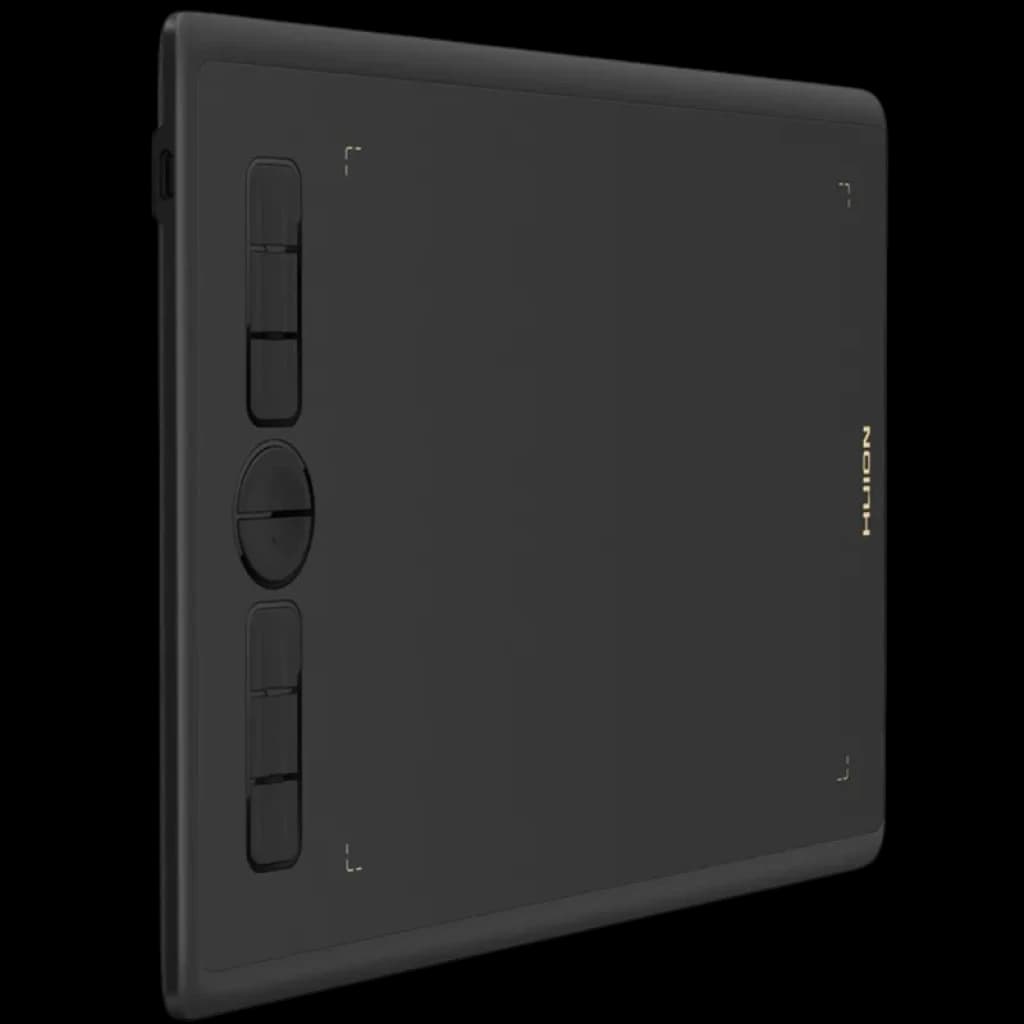 Huion H580X con 8 teclas programables, superficie negra amplia con guías en las esquinas, rueda central y bordes redondeados para dibujo y edición