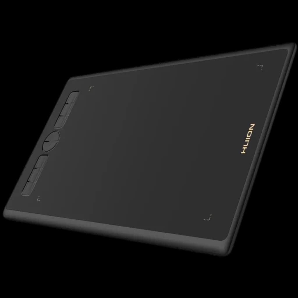 Huion H580X con 8 teclas programables: tableta gráfica negra, superficie amplia mate, bordes redondeados, dial central y botones laterales accesibles