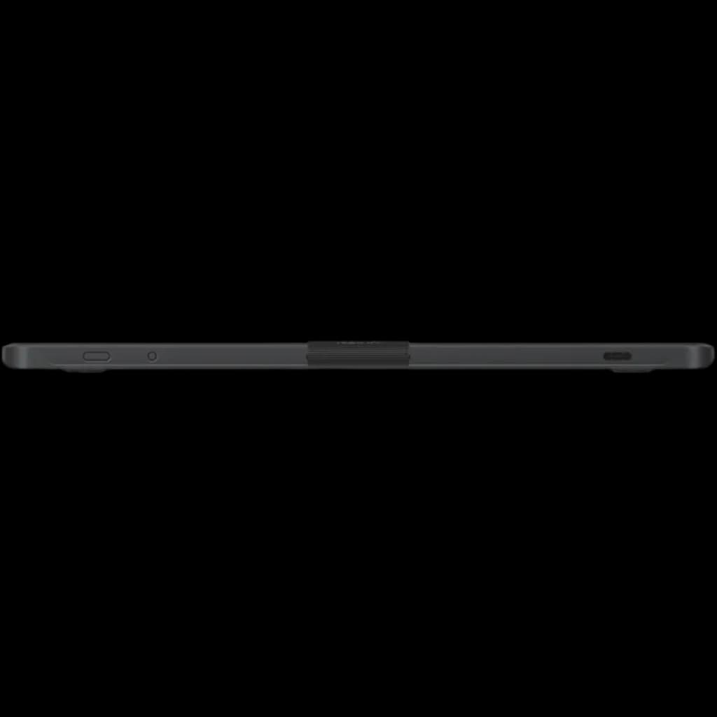 Profil latéral de tablette graphique noire ultra fine avec stylet posé au centre, boutons latéraux visibles et port USB-C à droite, design minimaliste et