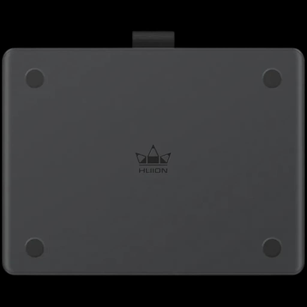 Dos de tablette graphique Huion Inspiroy Frego S L310 noir mat, logo central, quatre pieds antidérapants ronds, bord droit avec languette de fixation