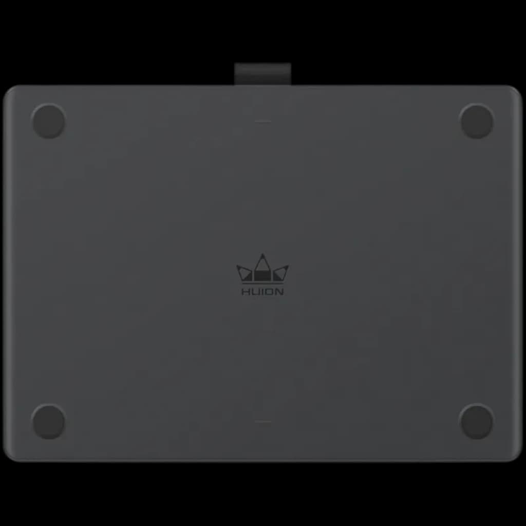 Tableta gráfica Huion Inspiroy Frego M L610 en negro mate, formato rectangular, logo central, cuatro patas antideslizantes redondas y clip superior central