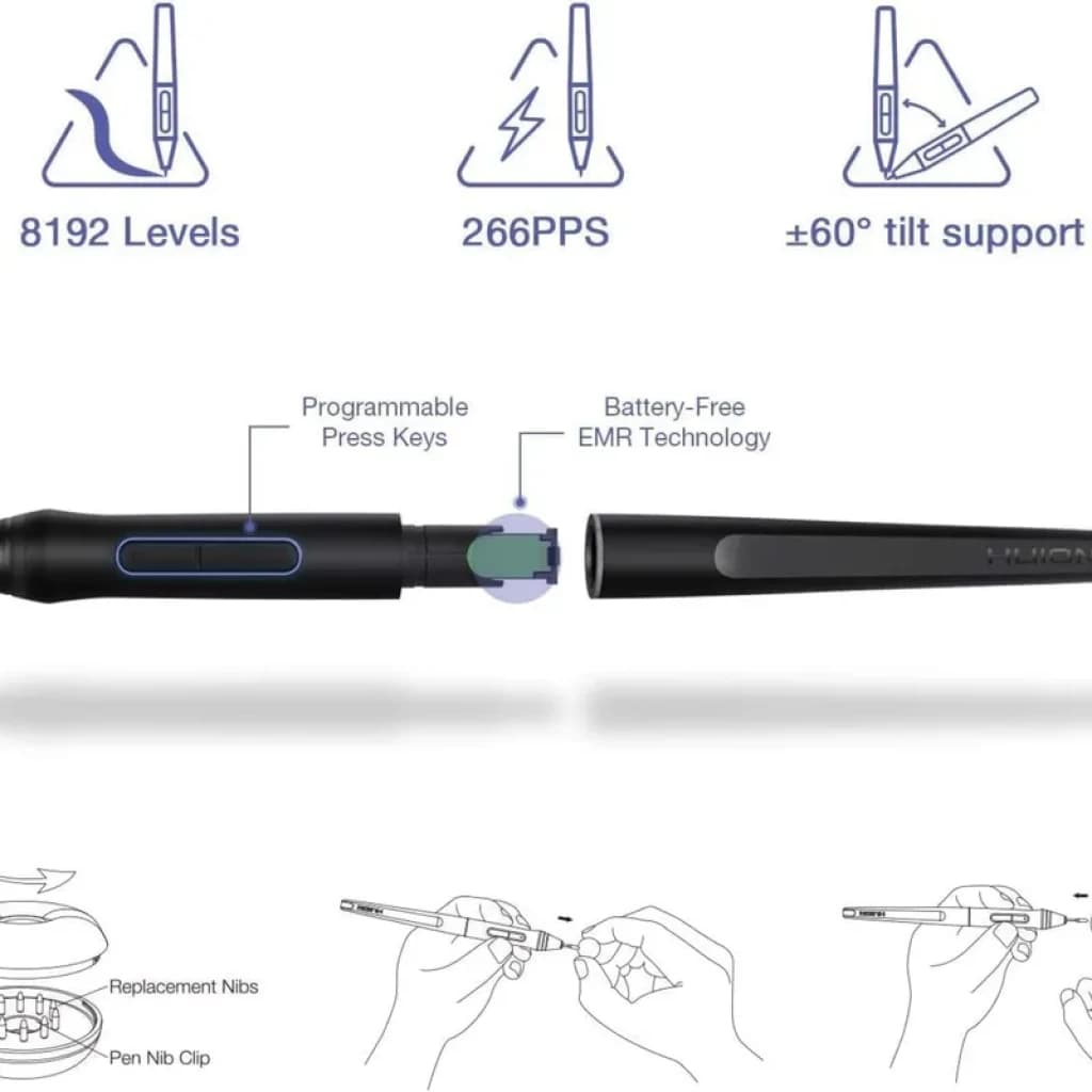 Lápiz de la Huion Q620M con 8192 niveles, 266 PPS, soporte de inclinación ±60°, teclas programables, tecnología EMR sin batería y puntas de repuesto