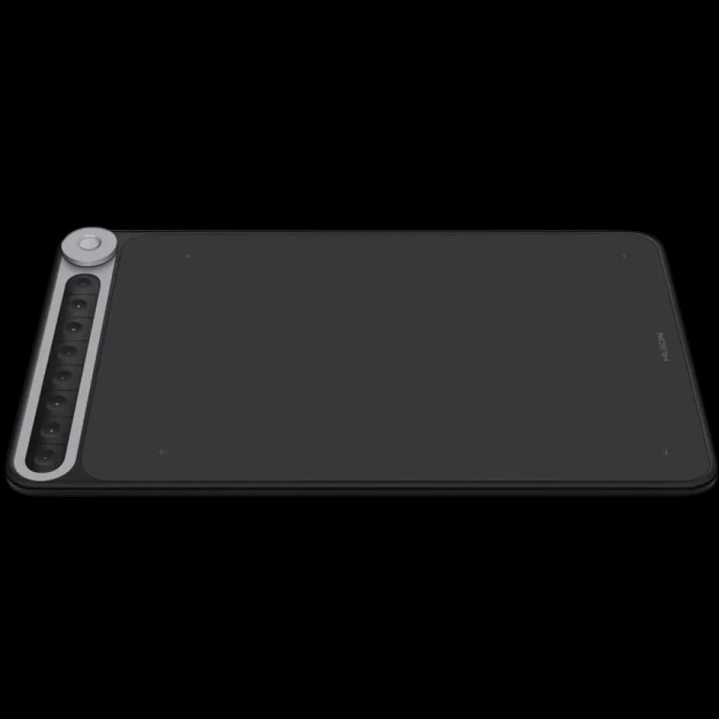 Huion Q620M Tableta gráfica negra con superficie amplia, dial plateado y 8 teclas programables laterales, diseño delgado, USB-C y 2.4 GHz inalámbrico